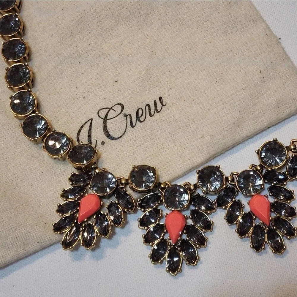 J. Crew navy‎ and coral jeweled art deco BRÛLÉE statement necklace